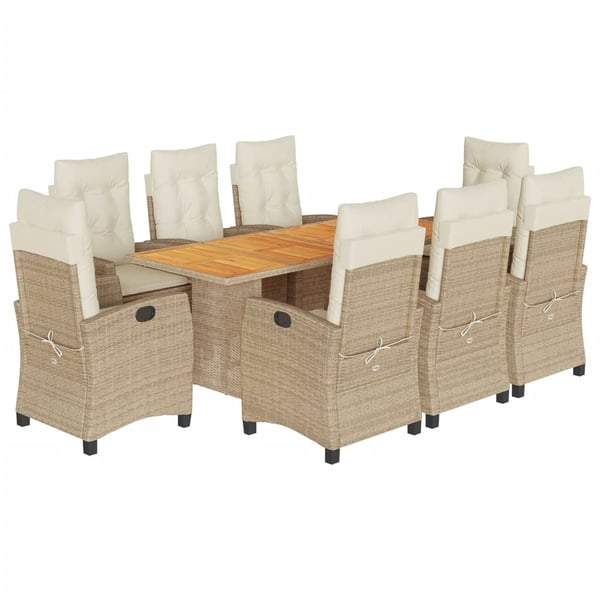 vidaXL spisebordssæt til haven 9 dele med hynder polyrattan beige