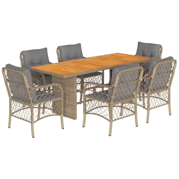 vidaXL spisebordssæt til haven 7 dele med hynder polyrattan beige