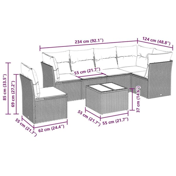 vidaXL sofasæt til haven 7 dele med hynder polyrattan sort