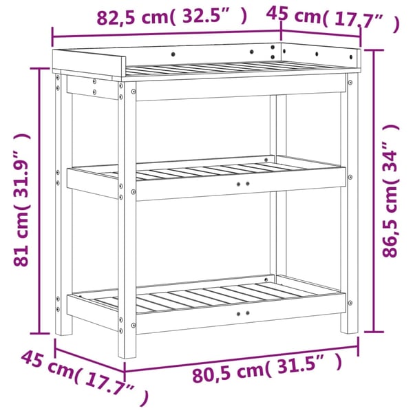 vidaXL Pottebord med hyller 82,5x45x86,5 cm heltre furu