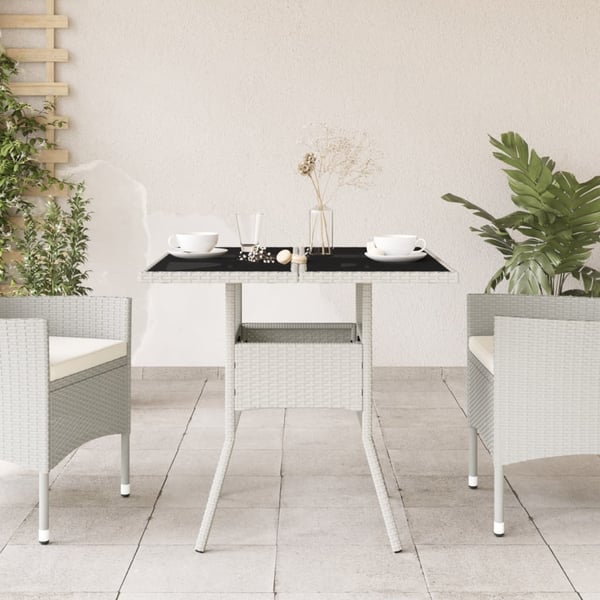 vidaXL Puutarhapöytä lasilevyllä valkoinen 80x80x75 cm polyrottinki