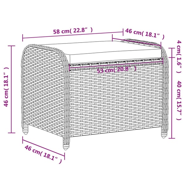 vidaXL haveskammel med hynde 58x46x46 cm polyrattan sort