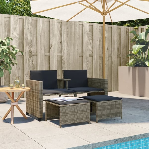 vidaXL 2-personers havesofa med bord og skamler polyrattan grå