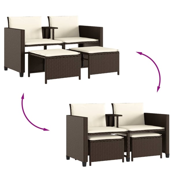 vidaXL 2-personers havesofa med bord og skamler polyrattan brun