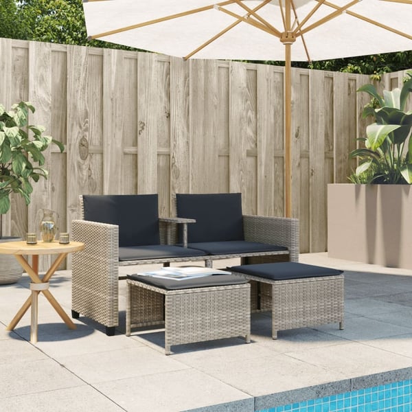 vidaXL 2-personers havesofa med bord og skamler polyrattan lysegrå