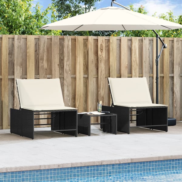 vidaXL modulære liggestole 2 stk. med bord sort polyrattan