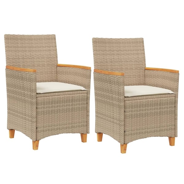 vidaXL havestole 2 stk. med hynder polyrattan og massivt træ beige