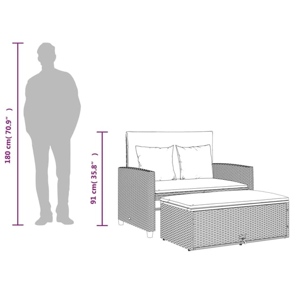 vidaXL 2-personers havesofa med hynder polyrattan og akacietræ sort