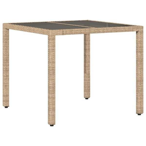 vidaXL Puutarhapöytä lasilevyllä beige 90x90x75 cm polyrottinki