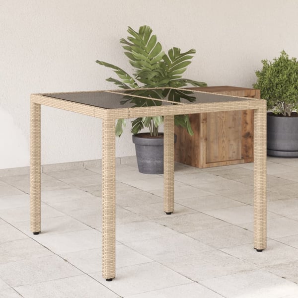 vidaXL Puutarhapöytä lasilevyllä beige 90x90x75 cm polyrottinki