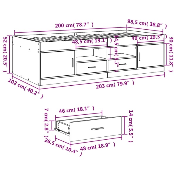 vidaXL Dagseng med skuffer uten Madrass svart 100x200 cm