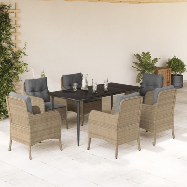 vidaXL spisebordssæt til haven 7 dele med hynder polyrattan beige