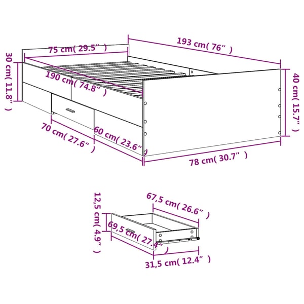 vidaXL Sengeramme med skuffer røkt eik 75x190 cm konstruert tre