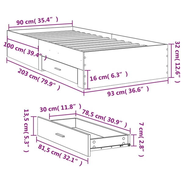 vidaXL Sengeramme med skuffer grå sonoma 90x200 cm konstruert tre