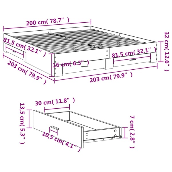 vidaXL Sengeramme med skuffer grå sonoma 200x200 cm konstruert tre