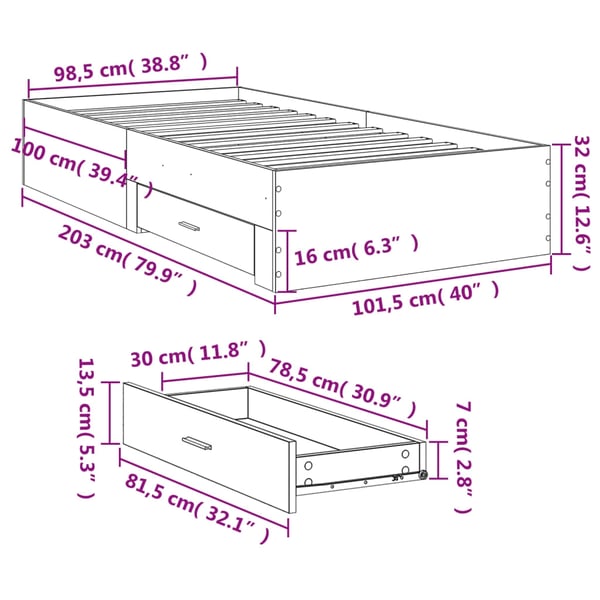 vidaXL Sengeramme med skuffer sonoma eik 100x200 cm konstruert tre