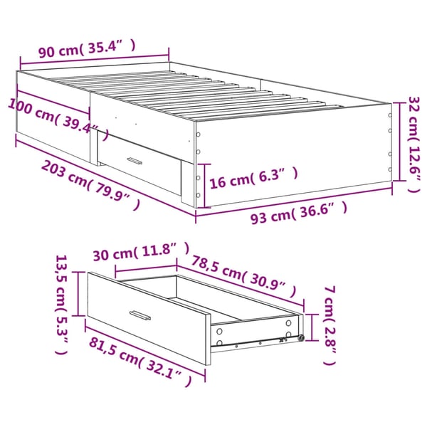 vidaXL Sengeramme med skuffer hvit 90x200 cm konstruert tre