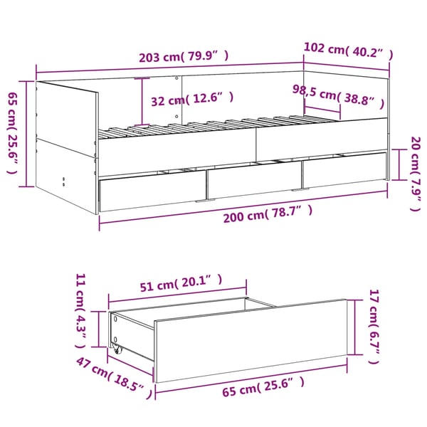 vidaXL Dagseng med skuffer uten Madrass Hvit 100x200 cm