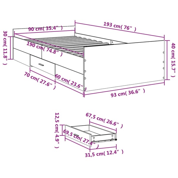 vidaXL Sengeramme med skuffer hvit 90x190 cm konstruert tre