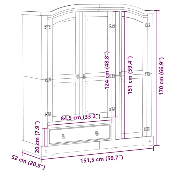vidaXL Garderobe Corona 151,5x52x170 cm heltre furu