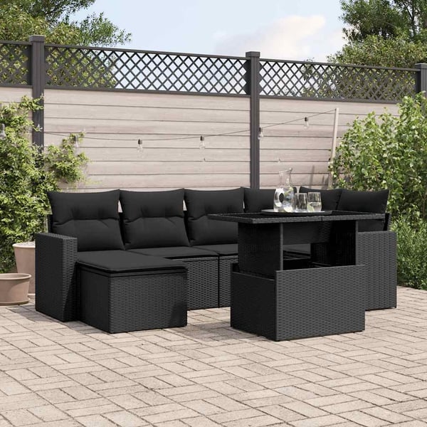 vidaXL sofasæt til haven 7 dele med hynder polyrattan sort