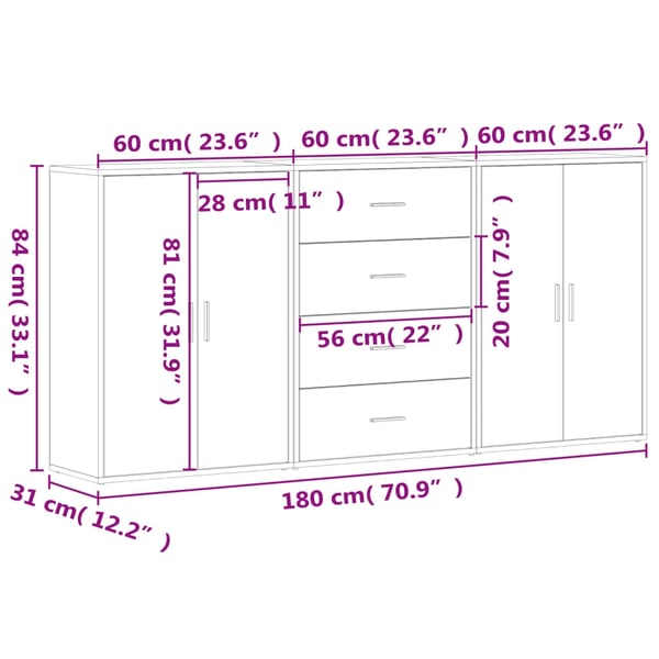 vidaXL Skjenker 3 stk sonoma eik 60x31x84 cm konstruert tre