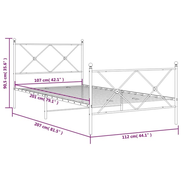 vidaXL Metallinen sängynrunko päädyillä valkoinen 107x203 cm