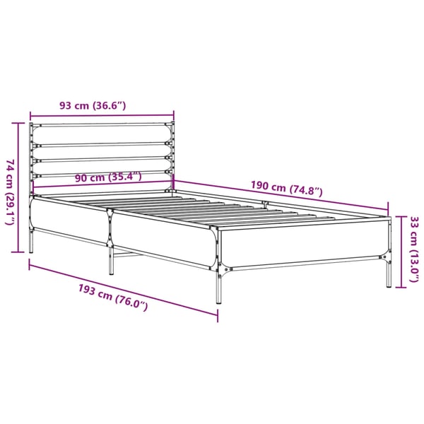 vidaXL Sengeramme røkt eik 90x190 cm konstruert tre og metall
