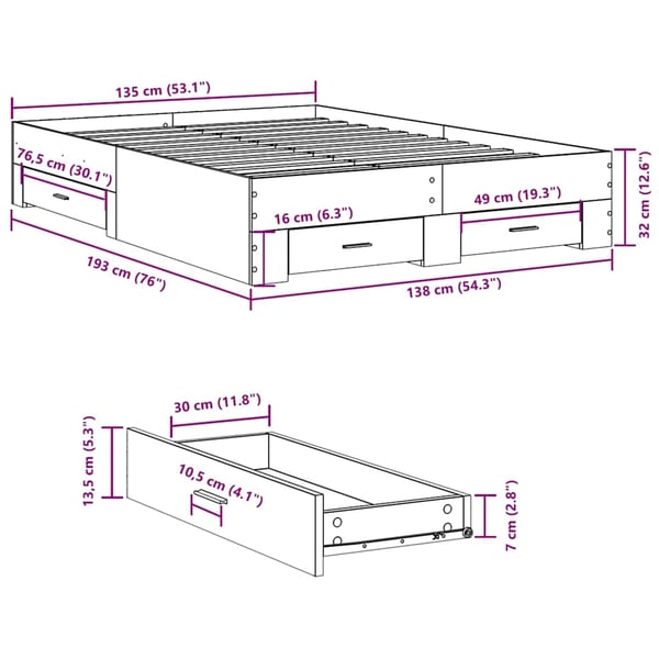 vidaXL Sengeramme med skuffer grå sonoma 135x190 cm konstruert tre