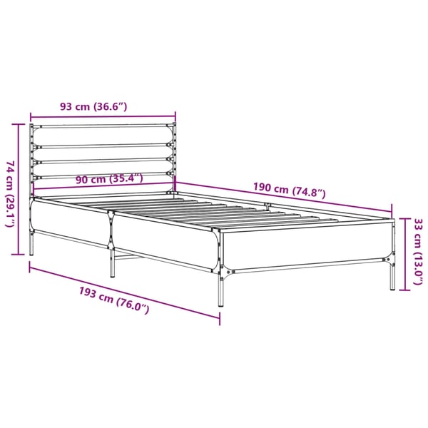 vidaXL Sengeramme brun eik 90x190 cm konstruert tre og metall