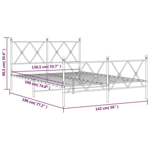 vidaXL Sengeramme i metall med hode- og fotgavl hvit 137x190 cm