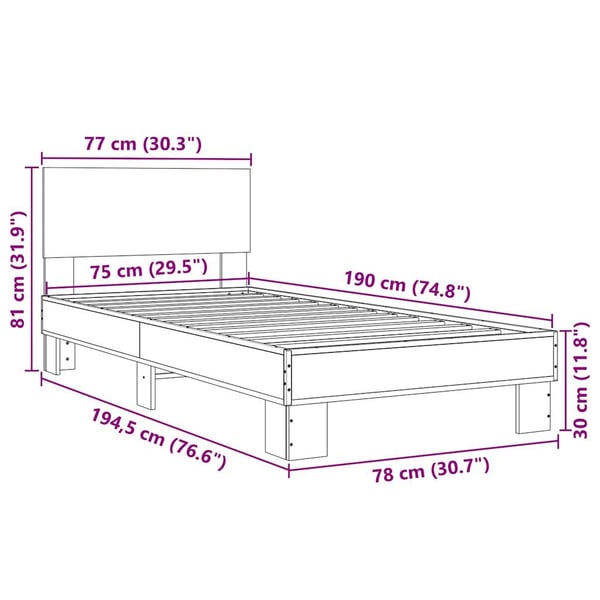 vidaXL sengeramme 75x190 cm konstrueret træ og metal brun egetræsfarve