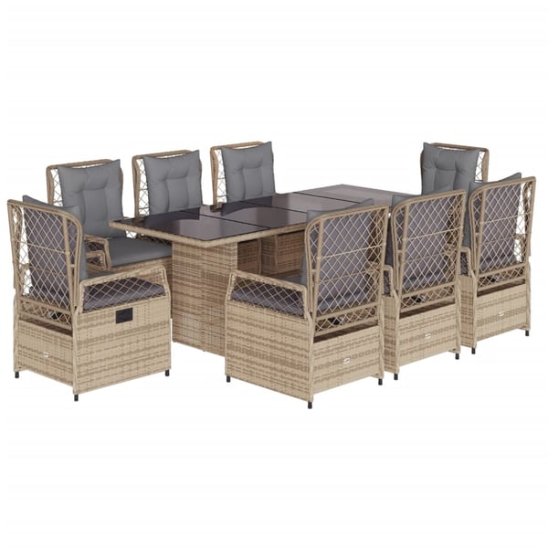 vidaXL spisebordssæt til haven 9 dele med hynder polyrattan beige