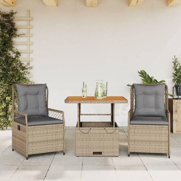 vidaXL spisebordssæt til haven 3 dele med hynder polyrattan beige