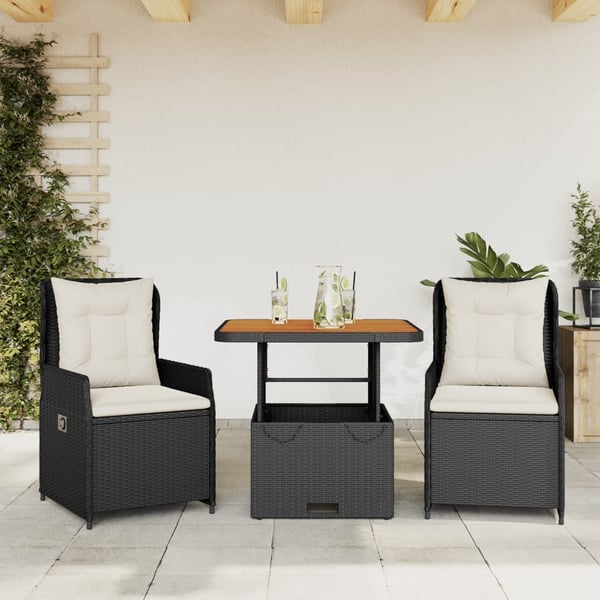 vidaXL bistrosæt til haven 3 dele med hynder polyrattan sort