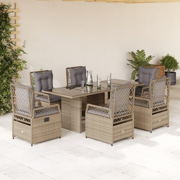 vidaXL spisebordssæt til haven 7 dele med hynder polyrattan beige