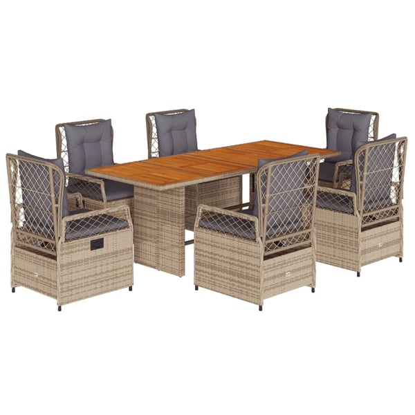 vidaXL spisebordssæt til haven 7 dele med hynder polyrattan beige