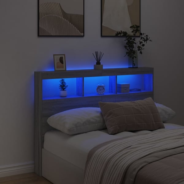 vidaXL Sängynpäätykaappi LED-valoilla harmaa Sonoma 140x17x102 cm
