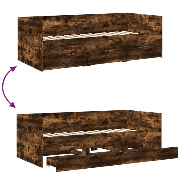 vidaXL Dagseng med skuffer uten Madrass røkt eik 90x200 cm