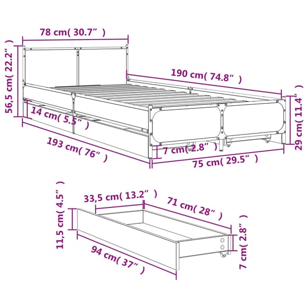 vidaXL Sengeramme med skuffer svart 75x190 cm konstruert tre