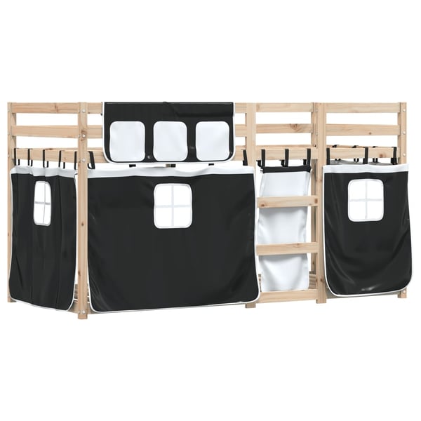 vidaXL Køyeseng for barn gardiner hvit og svart 90x200 cm heltre furu