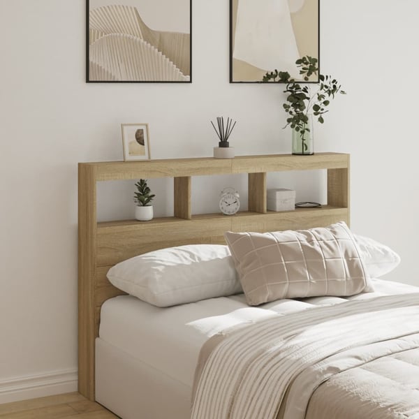 vidaXL Sängynpäätykaappi LED-valoilla Sonoma-tammi 140x17x102 cm
