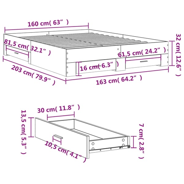vidaXL Sengeramme med skuffer røkt eik 160x200 cm konstruert tre