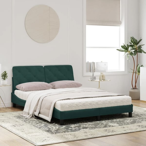 vidaXL seng med madras 160x200 cm velour mørkegrøn