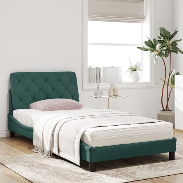 vidaXL seng med madras 100x200 cm velour mørkegrøn