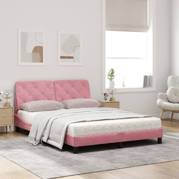vidaXL seng med madras 160x200 cm velour lyserød