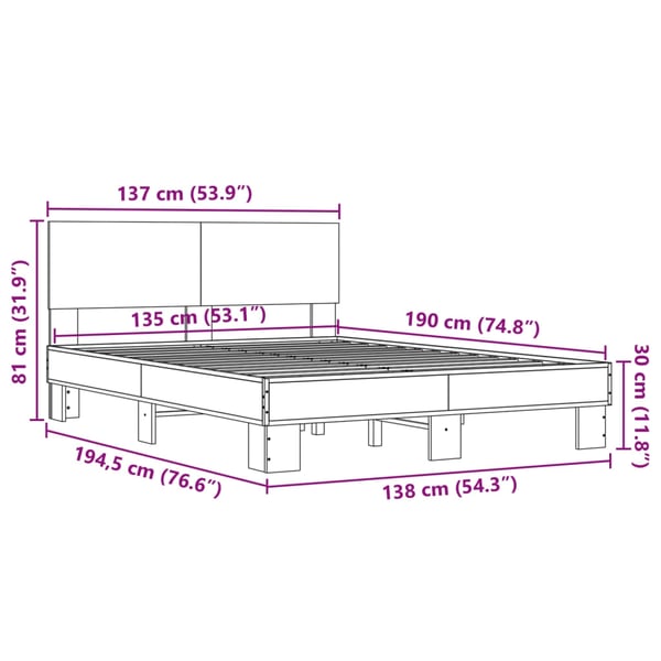 vidaXL Sengeramme røkt eik 135x190 cm konstruert tre og metall