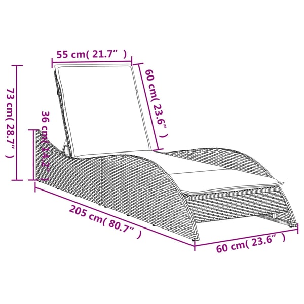 vidaXL liggestol med hynde 60x205x73 cm polyrattan brun