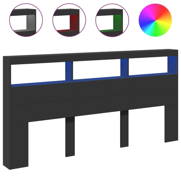 vidaXL sengegavl med opbevaring og LED-lys 200x17x102 cm sort