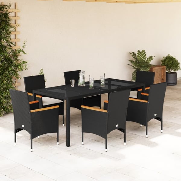 vidaXL spisebordssæt til haven 7dele m. hynder polyrattan og glas sort